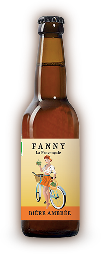 Bière ambrée bio FANNY La Provençale – Douceur cuivrée et équilibre provençal Bouteille de bière ambrée bio artisanale FANNY La Provençale, à la robe cuivrée et à l’amertume légère, brassée en Provence