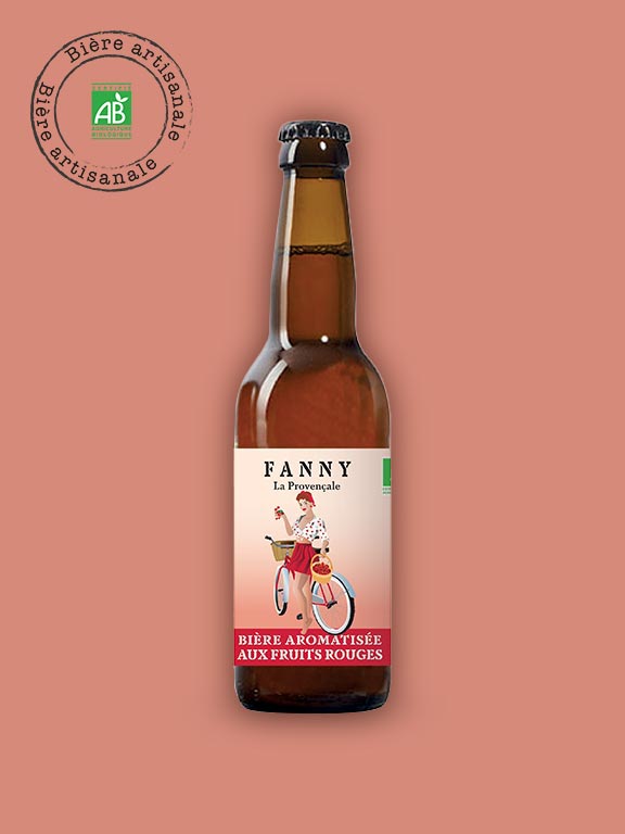 Bouteille de bière aromatisée aux fruits rouges Fanny la Provençale, fond rosé chaleureux