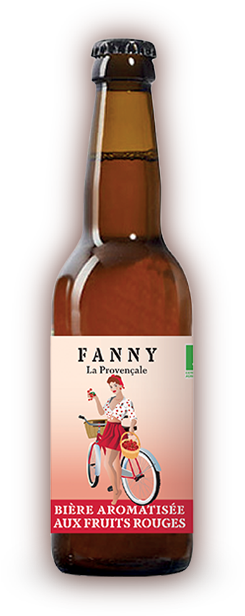 Bière artisanale bio FANNY La Provençale aux fruits rouges – fraîche, fruitée et désaltérante. Bouteille de bière bio artisanale FANNY La Provençale aux fruits rouges, blonde légère aux arômes naturels de fraise et de cerise.