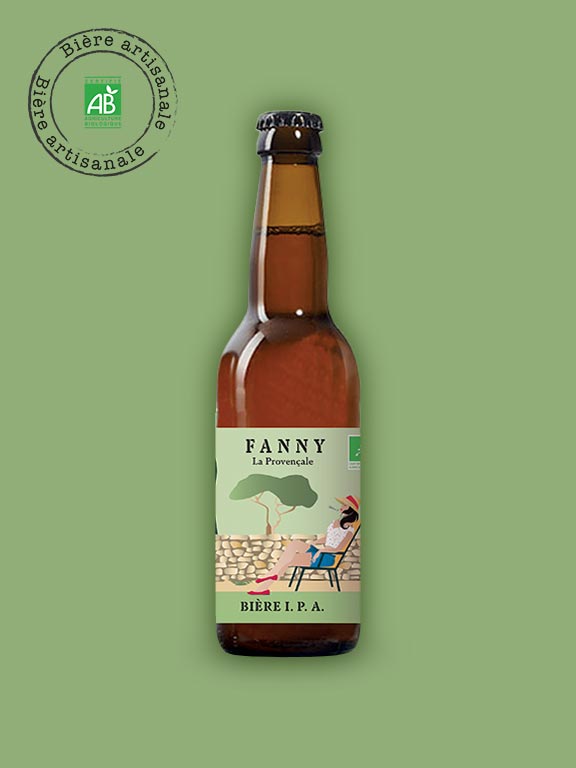 Bouteille de bière IPA Fanny la Provençale, fond vert chaleureux