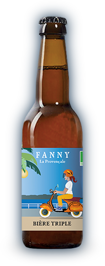Bière blonde bio FANNY La Provençale – brassée avec savoir-faire artisanal en Provence. Bouteille de bière triple bio FANNY La Provençale : bière artisanale dorée, douce et onctueuse, brassée en Provence.